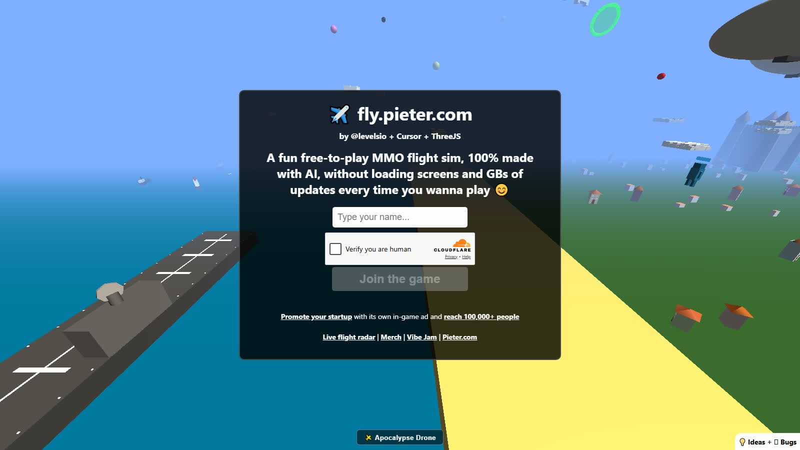 fly.pieter.com tarayıcı uçuş simülatörü