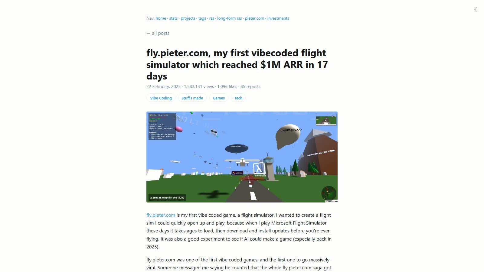 Pieter Levels'ın fly.pieter.com hikayesini anlattığı yazı